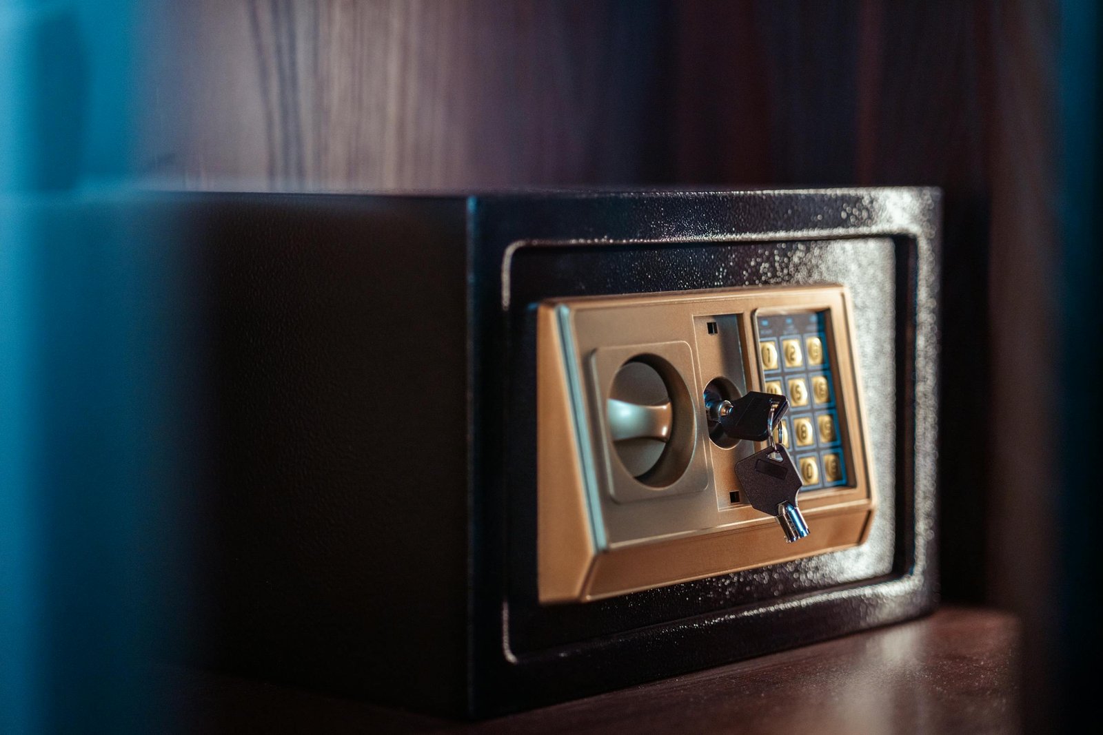 Close-up image of an electronic safe with a key in Baghdad, Iraq.